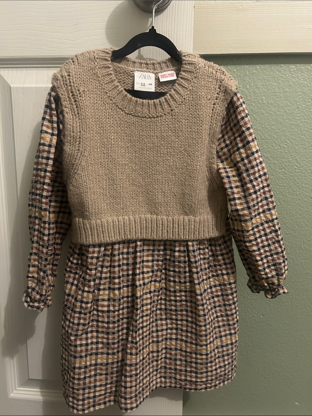 Zara Kids Beige Knit Bodice with Plaid Dress